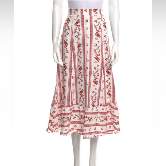 REFORMATION White Red Floral Stripe Linen Midi Ruffle Hem Skirt NWOT - Picture 11 of 11